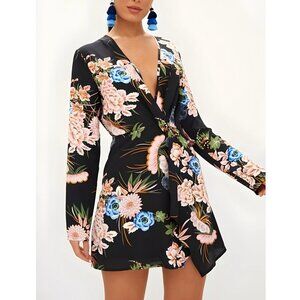 PrettyLittleThing Black Floral Long Sleeve Wrap Dress